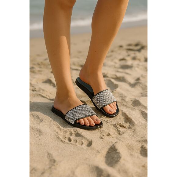 Rhinestone Slide Sandals Black Sparkle Open Toe Slip-On Flats Women’s 7 - Picture 1 of 7